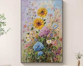 Original Impasto Sunflower Oil Painting, Textured Floral Wall Art, Abstract Colorful Flower Bouquet Canvas Art, Large Bedroom Home Decor