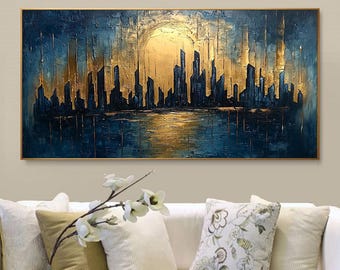 Pintura al óleo de paisaje urbano abstracto moderno, arte mural de horizonte dorado, lienzo texturizado de arquitectura urbana hecho a mano, decoración para sala de estar.