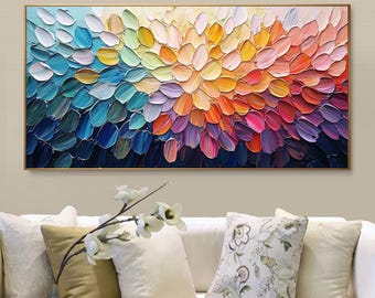 Hand-painted Colorful Abstract Painting on Canvas, Large Textured Wall Art, Heavy Impasto Rainbow Flower Art, Modern Living Room Home Decor