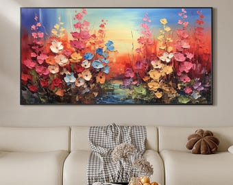 Original Textured Flower Oil Painting on Canvas, Large Colorful Floral Wall Art, Impasto Wildflower Meadow Art, Living Room Home Decor