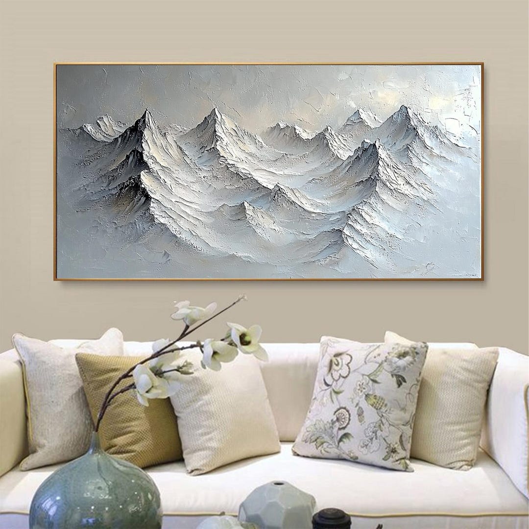 Large Textured Mountain Oil Painting on Canvas, Original Neutral ...