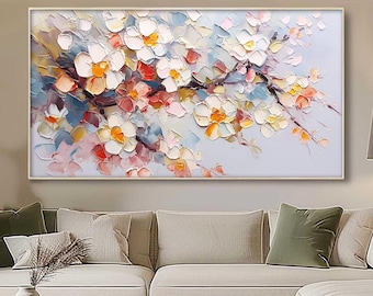 Textured Cherry Blossom Oil Painting, Large Floral Wall Art, Impasto Flower Canvas Art, Modern Abstract Pastel Decor for Living Room Bedroom