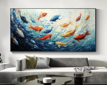 大きな魚の群れを描いた油絵、手描きのインパスト海洋アート - Etsy 日本