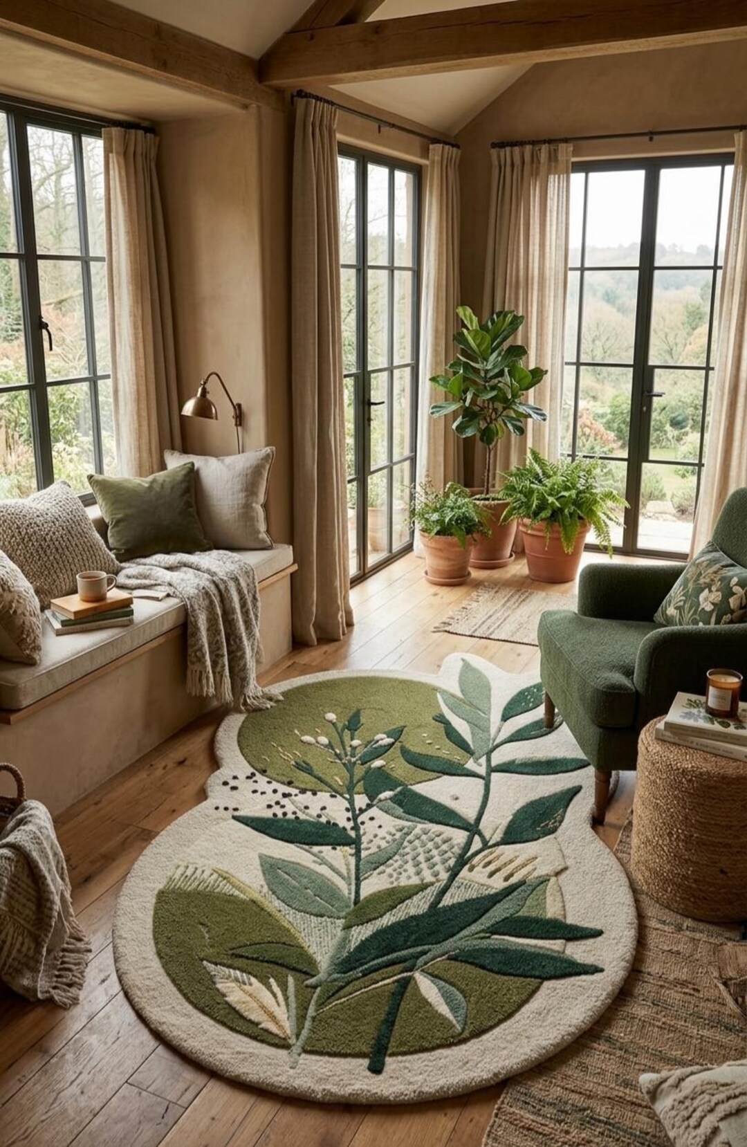 Botanical Leaf Tufted Rug Organic Shape Green Area Rug Modern Nature ...