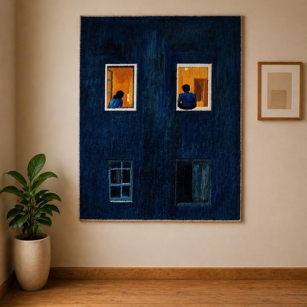 Hand Tufted Wall Rug Art, Abstract Night Window Scene, Blue Minimalist Textile Wall Hanging, Modern Aesthetic Home Decor, Handmade Wool Rug