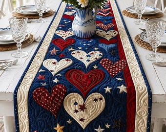 Patriotic Quilted Table Runner, Red White Blue Hearts, American Flag Dining Decor