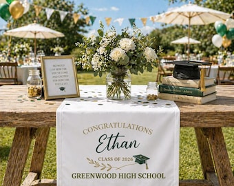 Personalized Graduation Table Runner Class of 2026 Custom Name School Banner Graduation Party Decor Green Gold Table Decor