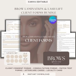 May include: A bundle of brow lamination and lash lift client forms. Includes client consent forms, consultation forms, patch test forms, aftercare cards, and a loyalty card. The forms are Canva editable and available for instant download.