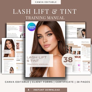 Puede incluir: Manual de formación "Lash Lift & Tint" con una foto de mujer en la portada. El manual muestra "Canva Editable" y "38 Pages". El texto adicional incluye "Client Forms" y "Instant Download".