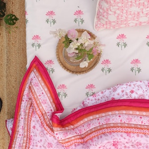 Jaipur Fitted Printed Bedsheet Set, 100% Cotton Percale Bedding, Pink Lotus Floral Bedsheet, Indian Bedding Set, Home Decor, Gift for Mom