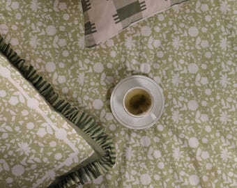 Sage Green Floral Cotton Bedsheet Set | 200 TC Cotton Sheets with Ruffle Pillow Covers | Bed Linen | Soft Breathable Bedding | Home Decor