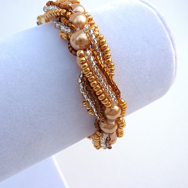 Champagne Glass Pearl Woven Bracelet With Deep Copper, Bright Coppery Gold, and Silver Accent Czech Glass and Japanese Toho Seed Beads
