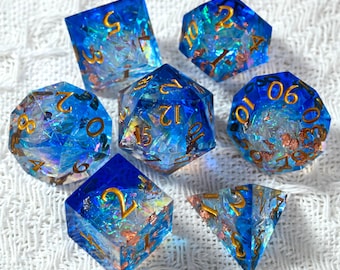 Blue Lightning Dice - Holographic Handmade Resin Sharp Edge Dice Set For Dnd, D&D, Dungeons And Dragons, Rpg Dice, Galaxy Dice, Sparkly Dice