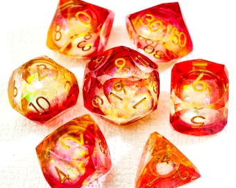 Sunset Gradient Liquid Core Resin Dice Set, Handmade Sharp Edge Polyhedral Fire Crystal Dice for DnD, Pathfinder & TTRPGs