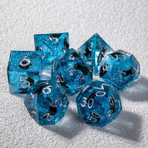Blue Galaxy Cat Dice - Glittering Resin with Playful Cat Figures - Silver Number Polyhedral Set for Fantasy Gaming,Dungeons and Dragons