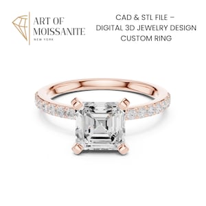 May include: A rose gold ring featuring a square-cut center stone and a pavé band with small round stones. The text reads: ART OF MOISSANITE NEW YORK, CAD & STL FILE – DIGITAL 3D JEWELRY DESIGN CUSTOM RING.