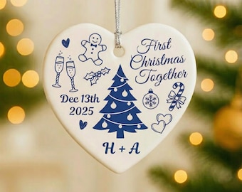 Personalized First Christmas Engaged Ornament, Engagement Gift For Engaged Couple Custom Engagement Date Ornament Doodle Mr And Mrs Ornament