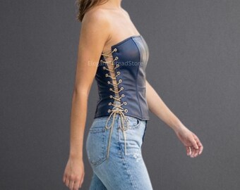 Women’s Blue Genuine Cowhide Leather Corset Top – Handmade Strapless Lace-Up Bustier Tube Top
