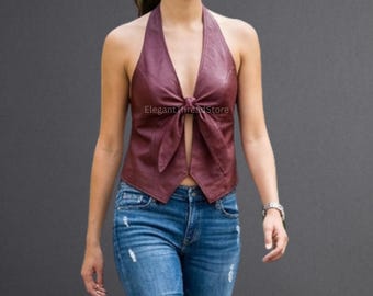 Women’s Handmade Burgundy Genuine Cowhide Leather Halter Top – Backless Tie-Front Leather Crop Vest