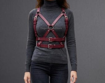 Women’s Handmade Burgundy Genuine Cowhide Leather Body Harness – Adjustable Gothic Chest & Shoulder Holster Belt