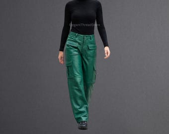 Women’s Green Genuine Sheep Leather Cargo Pants – Handmade High-Waist Wide Leg Utility Trousers