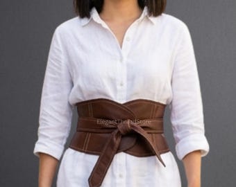 Women’s Brown Genuine Cowhide Leather Corset Belt – Handmade Wide Waist Cincher Wrap Obi Belt with Tie Closure