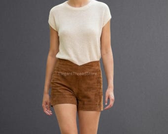 Damen Braun Echtes Wildleder Shorts - Handgemachte High-Waist Slim Fit Sommer Shorts