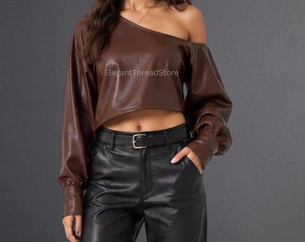 Women’s Brown Genuine Sheep Leather Off-Shoulder Crop Top – Handmade One-Shoulder Long Sleeve Leather Blouse