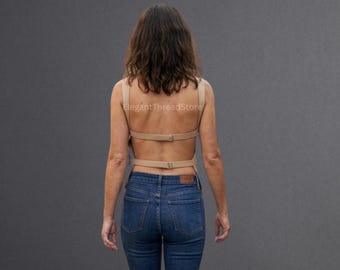 Women’s Handmade Beige Genuine Sheep Leather Open Back Top – Minimalist Sleeveless Leather Blouse