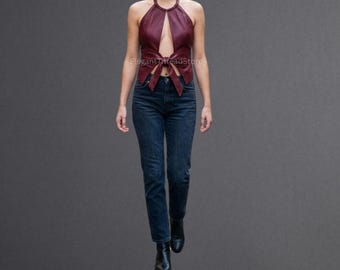 Burgunderfarbenes Neckholder-Oberteil aus echtem Rindsleder für Damen - Handgefertigte, rückenfreie Lederbluse im Korsett-Stil