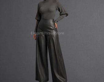 Women’s Black Genuine Cowhide Leather Palazzo Pants – Handmade High Waist Wide Leg Leather Trousers – Luxury Full Length Statement Pants