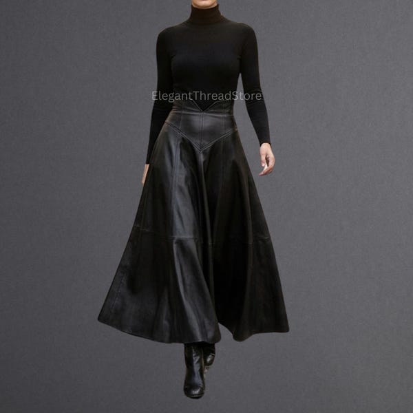 Women’s Handmade Black Genuine Cowhide Leather High Waist Maxi Skirt