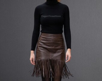 Women’s Brown Genuine Cowhide Leather Fringe Skirt – Handmade High-Waist Western Style Tassel Mini Skirt