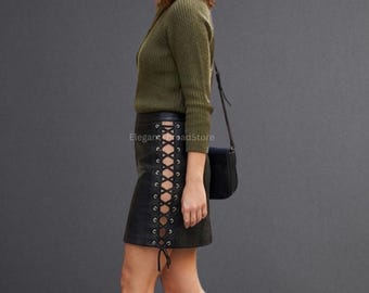 Women’s Black Genuine Cowhide Leather Lace-Up Mini Skirt – Handmade High-Waist Side Corset Skirt