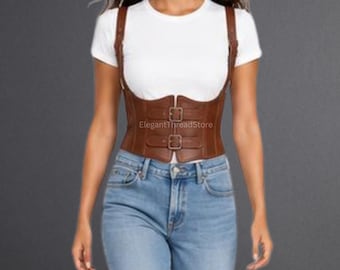 Women’s Handmade Brown Genuine Cowhide Leather Corset Belt – Adjustable Underbust Waist Cincher Harness