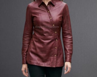 Women’s Handmade Burgundy Genuine Sheep Leather Button-Up Shirt Jacket – Slim Fit Leather Blouse for Women