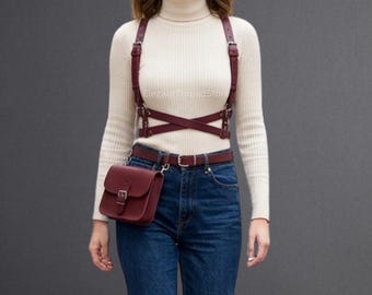 Women’s Burgundy Genuine Cowhide Leather Shoulder Harness Bag – Handmade Crossbody Utility Harness Purse