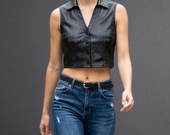 Women’s Handmade Black Genuine Sheep Leather Sleeveless Crop Top – Minimalist Button-Up Leather Vest