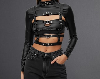 Women’s Handmade Black Genuine Cowhide Leather Strappy Harness Crop Top – Long Sleeve Buckle Detail Gothic Statement Top