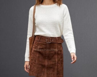 Women’s Brown Genuine Suede Leather Mini Skirt – Handmade High-Waist Belted A-Line Skirt
