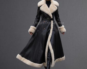 女性用高級フルレングス本牛革コート（人工毛皮トリム付き） - ハンドメイドベルト付き冬用コート