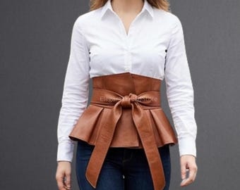 Women’s Brown Genuine Cowhide Leather Peplum Waist Belt – Handmade Wide Obi Corset Wrap Belt