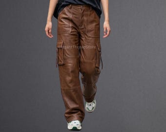 Women’s Handmade Brown Genuine Cowhide Leather Cargo Pants – High Waist Wide Leg Utility Style Trousers