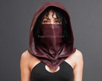 Women’s Burgundy Genuine Sheep Leather Hooded Face Mask Cowl – Handmade Fantasy Hood Scarf Neck Cove