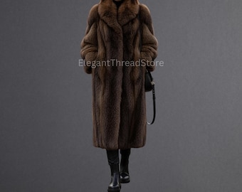 Women’s Luxury Full-Length Brown Artificial Fur Coat – Handmade Winter Outerwear