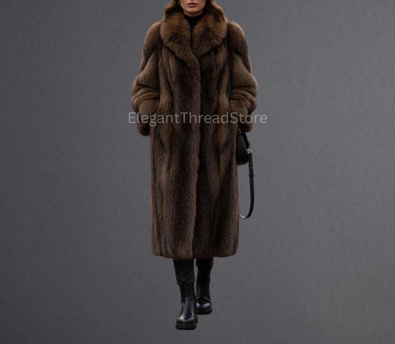 Women’s Luxury Full-Length Brown Artificial Fur Coat – Handmade Winter Outerwear