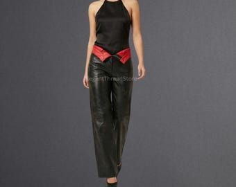 Women’s Handmade Black Genuine Cowhide Leather Wide Leg Pants – High Waist Leather Trousers with Inside-Out Waistband Design