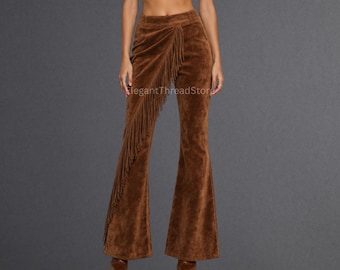 Women’s Handmade Brown Genuine Suede Leather Fringe Flare Pants