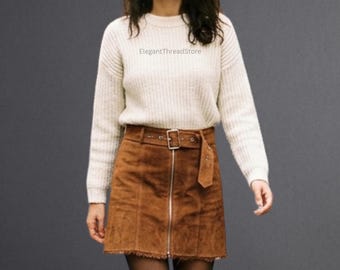 Women’s Brown Genuine Suede Leather Mini Skirt – Handmade High-Waist Belted A-Line Skirt with Front Zipper