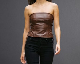 Women’s Brown Genuine Cowhide Leather Corset Top – Handmade Strapless Lace-Up Bustier Tube Top